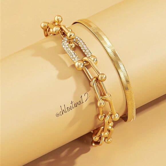 New Layered Bracelet Rhinestone U Chain /Flat Chain Set - Picture 3 of 8